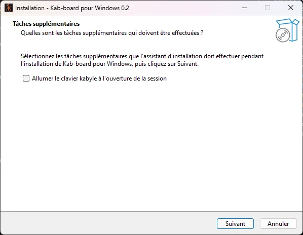 L'installeur de Kab-board pour Windows : la case Démarrer avec Windows, seule question posée