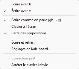 Le menu de l'icône de Kab-board près de l'horloge