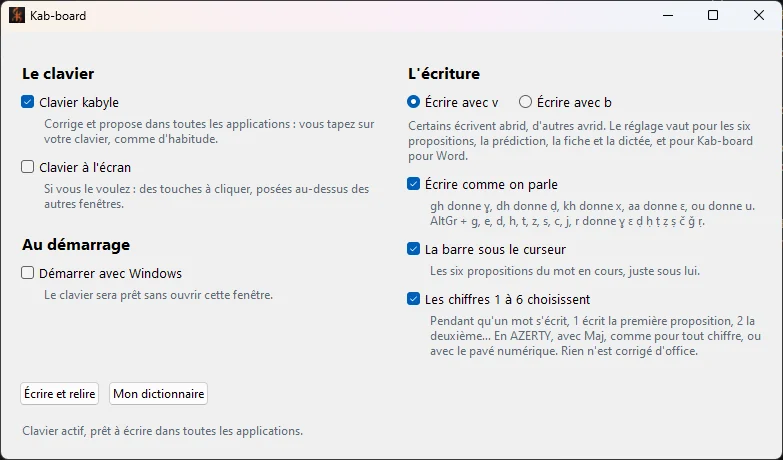Les réglages de Kab-board pour Windows : clavier kabyle, clavier à l'écran, démarrer avec Windows, graphie v ou b, écrire comme on parle, barre sous le curseur, chiffres 1 à 6