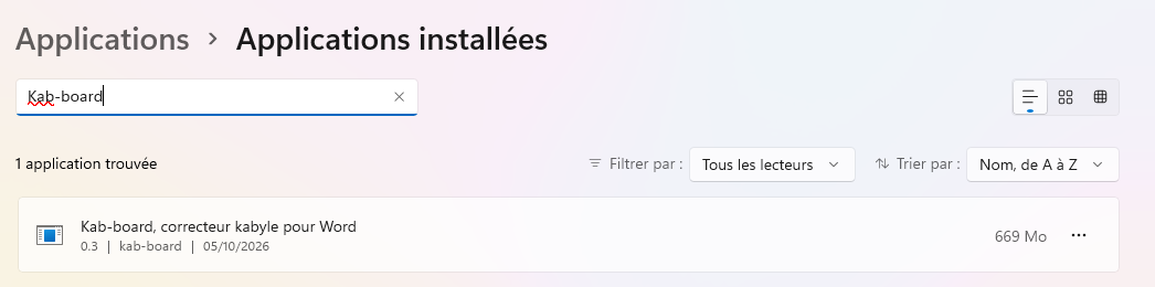 Paramètres de Windows, Applications installées : Kab-board, correcteur kabyle pour Word, version 0.3, 669 Mo