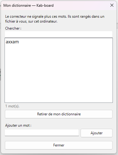 La fenêtre Mon dictionnaire : un champ Chercher, la liste des mots, Retirer de mon dictionnaire, Ajouter un mot