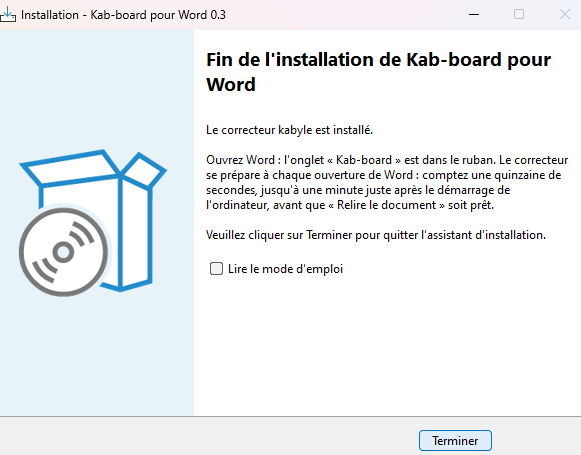 Fin de l'installation de Kab-board pour Word, avec le bouton Terminer