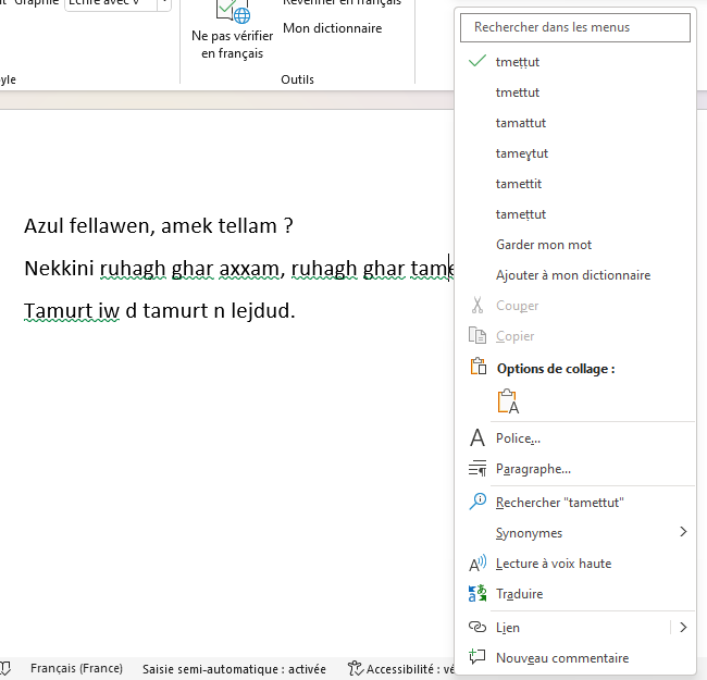 Menu du clic droit sur tamettut : tmeṭṭut coché, tmettut, tamattut, tameɣtut, tamettit, tameṭṭut, puis Garder mon mot et Ajouter à mon dictionnaire