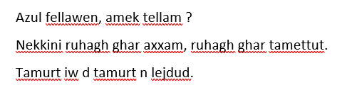 Trois lignes de kabyle soulignées de vagues rouges par Word