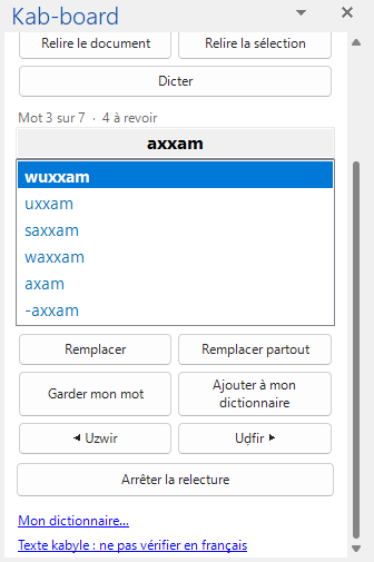Le bas du volet : Remplacer, Remplacer partout, Garder mon mot, Ajouter à mon dictionnaire, Uzwir, Uḍfir, Arrêter la relecture