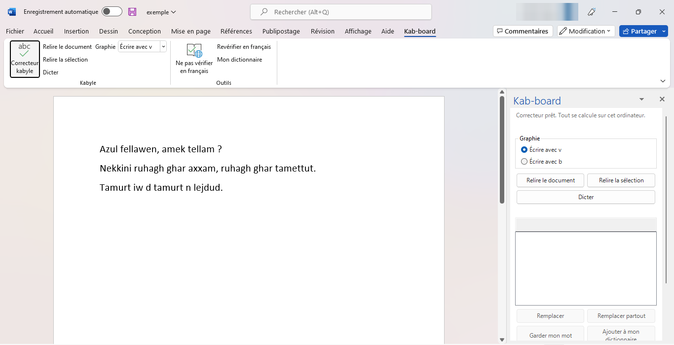 Word avec le volet Kab-board ouvert à droite : Correcteur prêt. Tout se calcule sur cet ordinateur.
